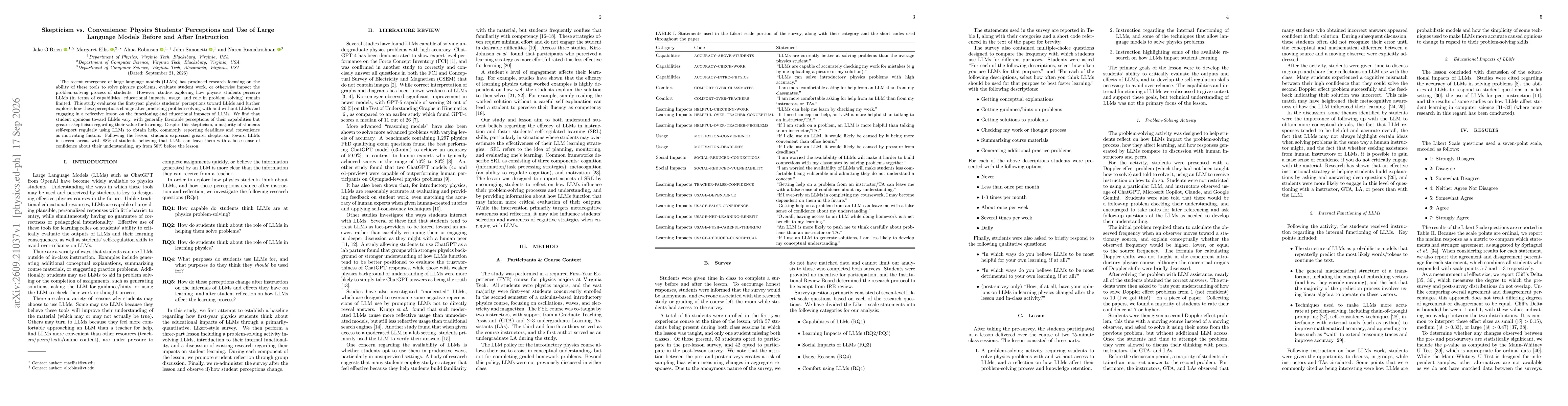 Thumbnail for Skepticism vs. Convenience: Physics Students' Perceptions and Use of Large Language Models Before and After Instruction