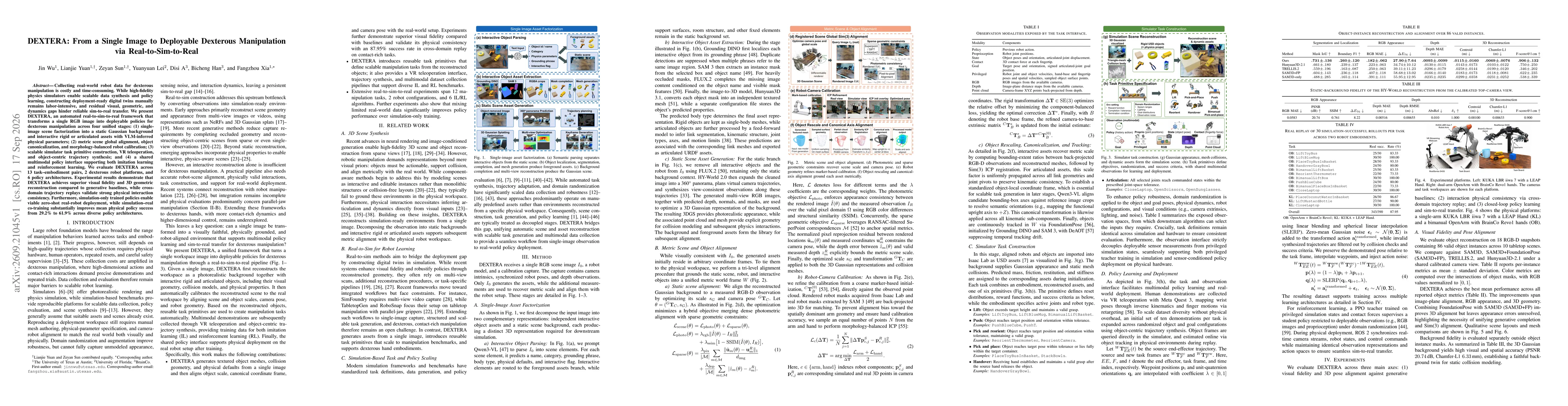 Thumbnail for DEXTERA: From a Single Image to Deployable Dexterous Manipulation via Real-to-Sim-to-Real