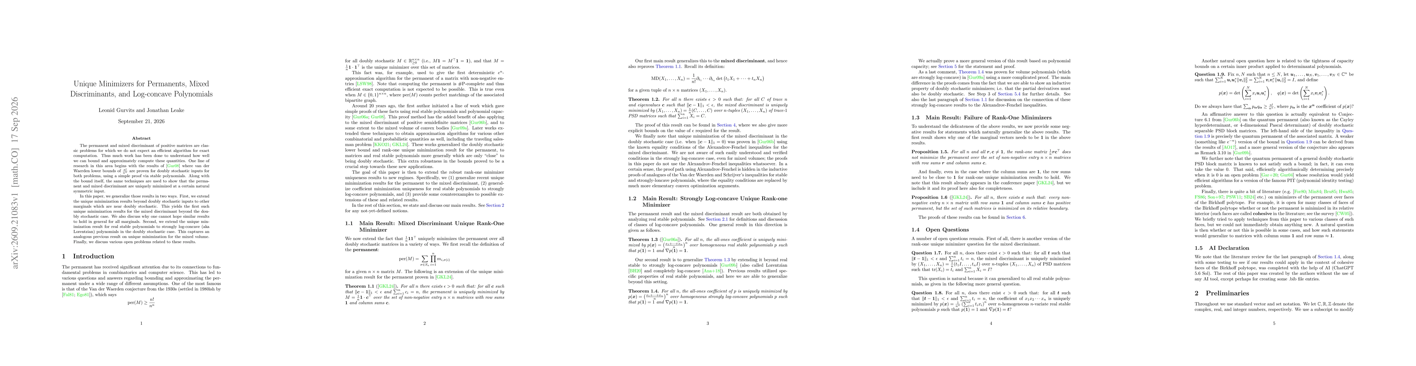 Thumbnail for Unique Minimizers for Permanents, Mixed Discriminants, and Log-concave Polynomials