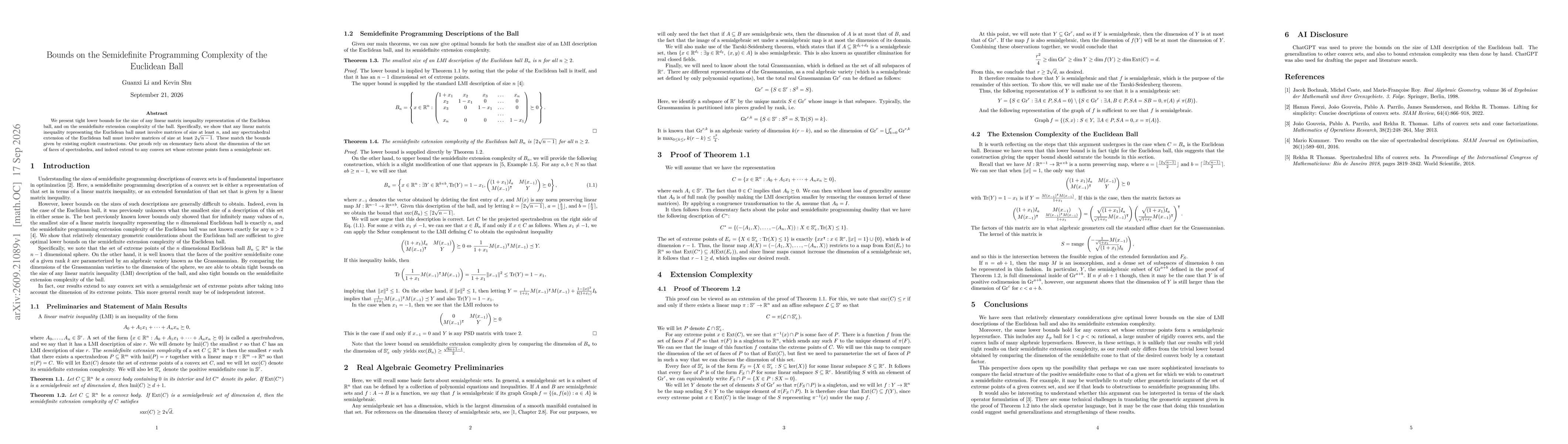 Thumbnail for Bounds on the Semidefinite Programming Complexity of the Euclidean Ball