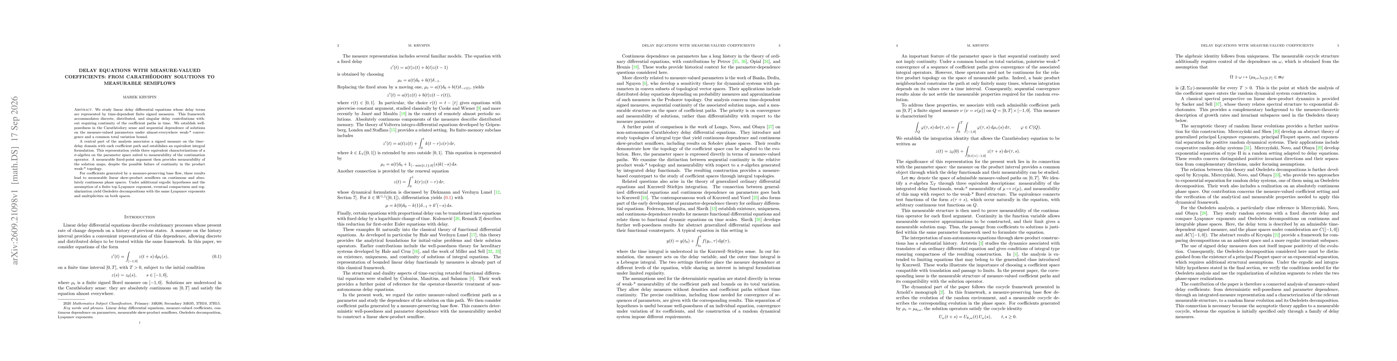 Thumbnail for Delay equations with measure-valued coefficients: From Carathéodory solutions to measurable semiflows