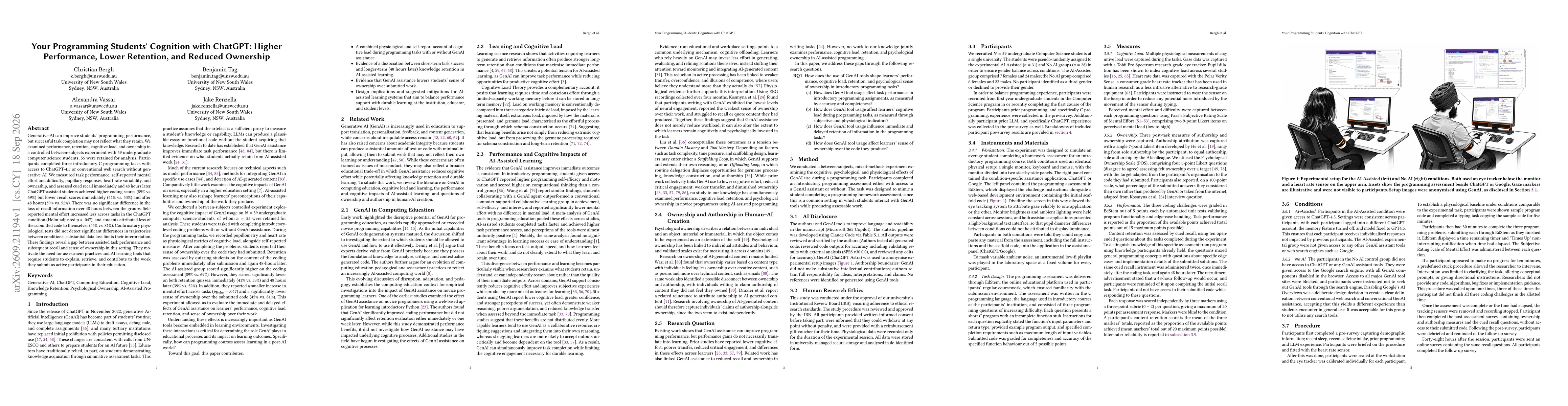 Thumbnail for Your Programming Students' Cognition with ChatGPT: Higher Performance, Lower Retention, and Reduced Ownership