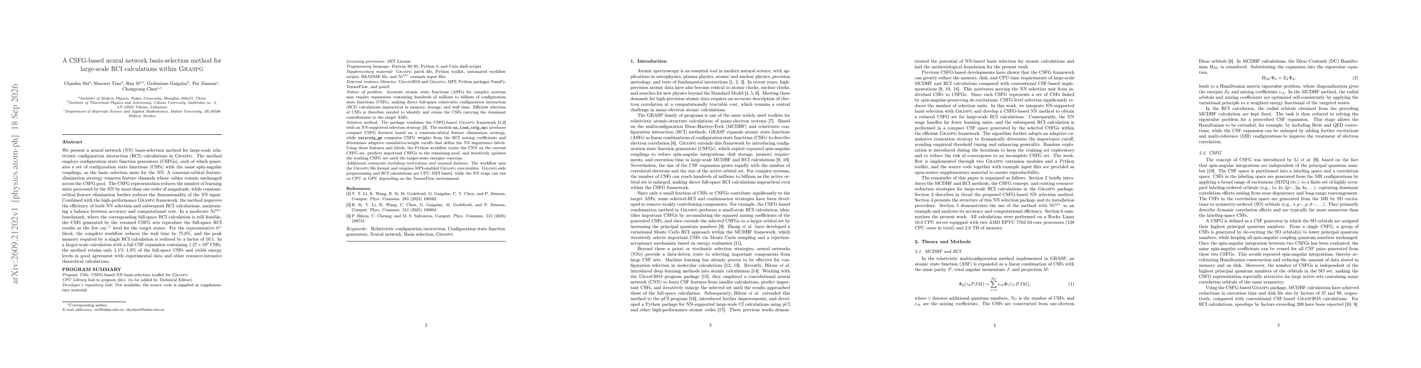 Thumbnail for A CSFG-based neural network basis-selection method for large-scale RCI calculations within GRASPG