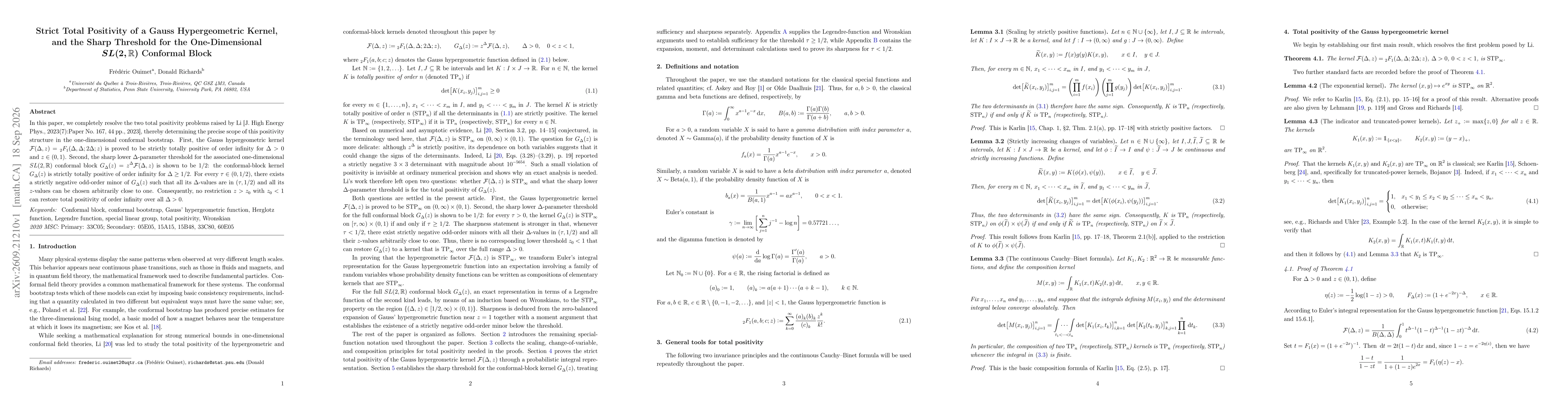 Thumbnail for Strict Total Positivity of a Gauss Hypergeometric Kernel, and the Sharp Threshold for the One-Dimensional $SL(2,\mathbb{R})$ Conformal Block