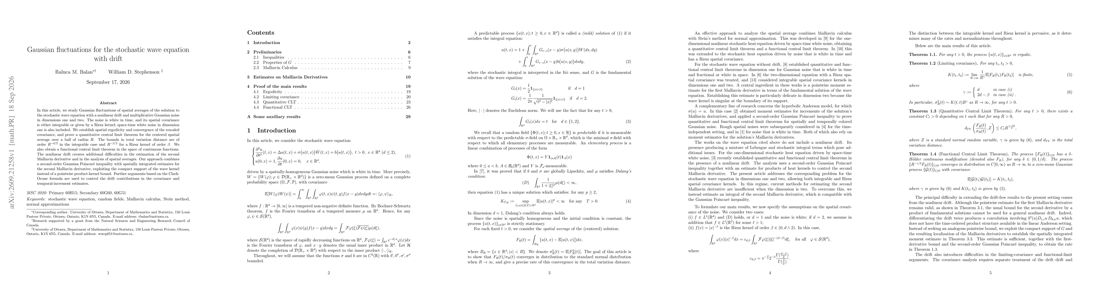 Thumbnail for Gaussian fluctuations for the stochastic wave equation with drift