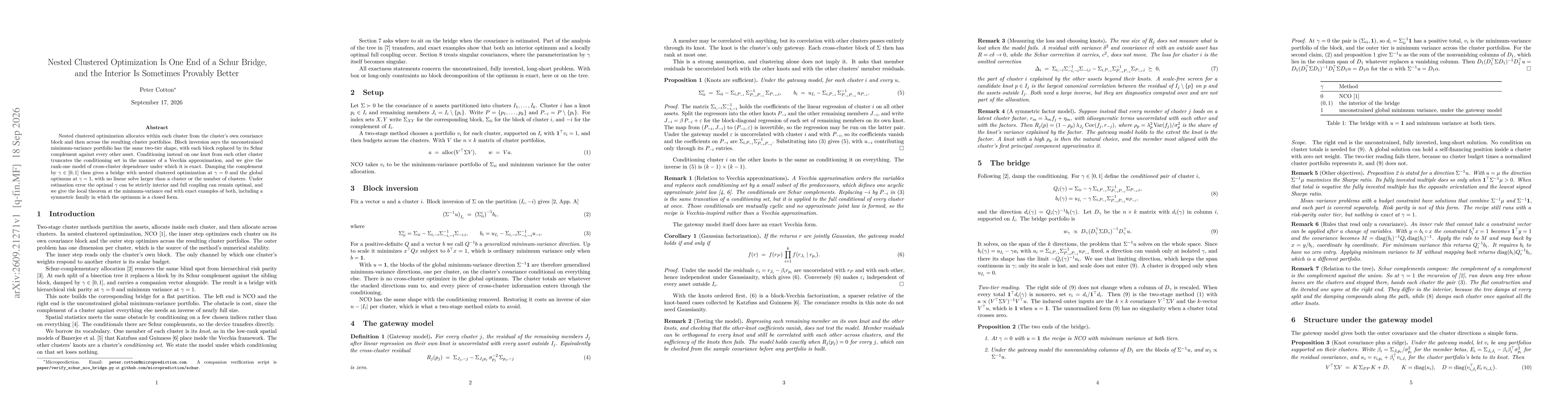 Thumbnail for Nested Clustered Optimization Is One End of a Schur Bridge, and the Interior Is Sometimes Provably Better