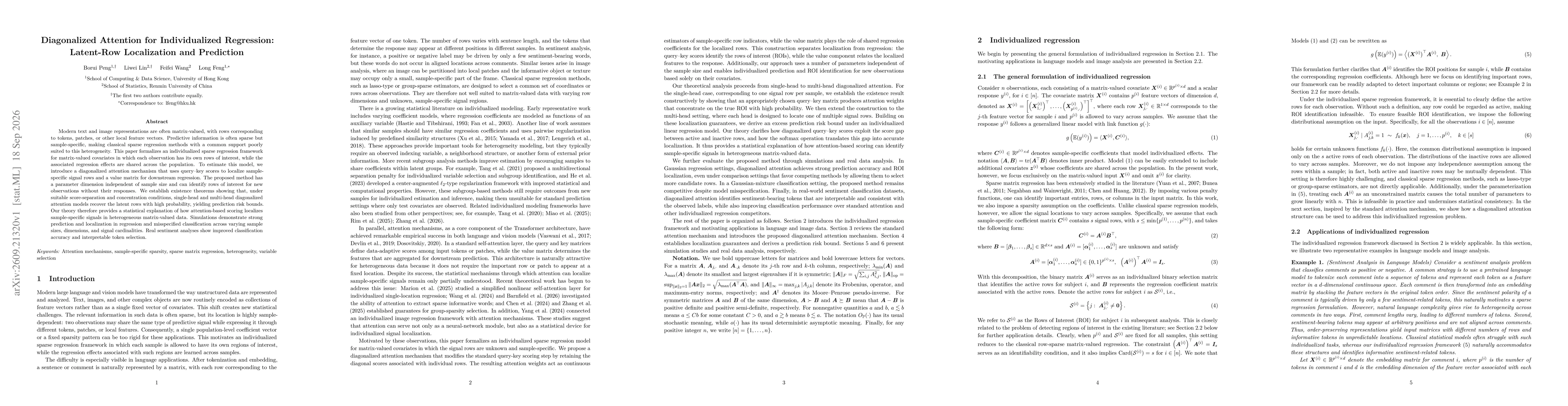 Thumbnail for Diagonalized Attention for Individualized Regression: Latent-Row Localization and Prediction