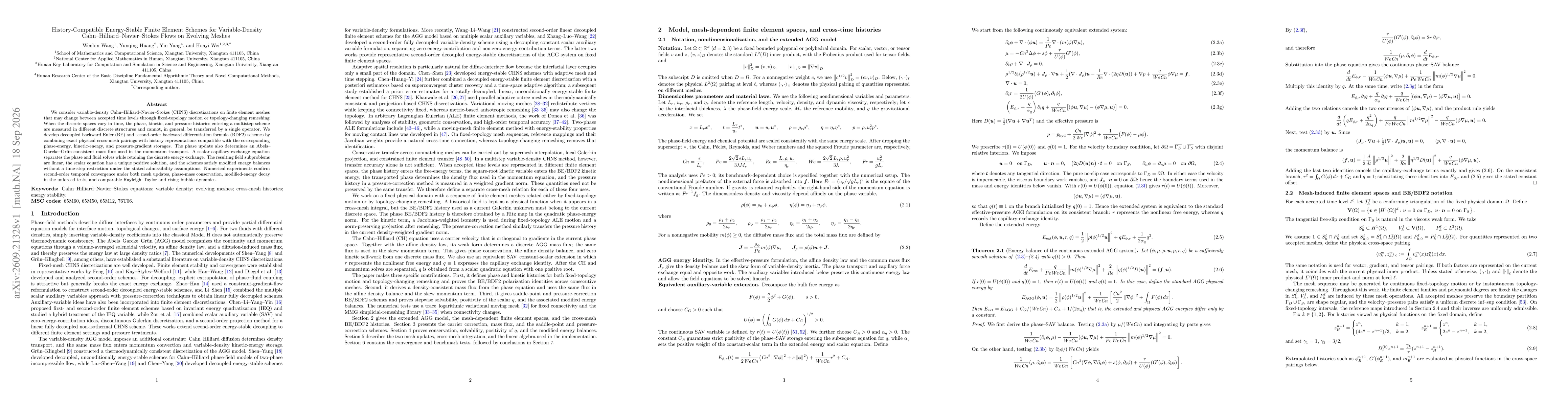 Thumbnail for History-Compatible Energy-Stable Finite Element Schemes for Variable-Density Cahn--Hilliard--Navier--Stokes Flows on Evolving Meshes