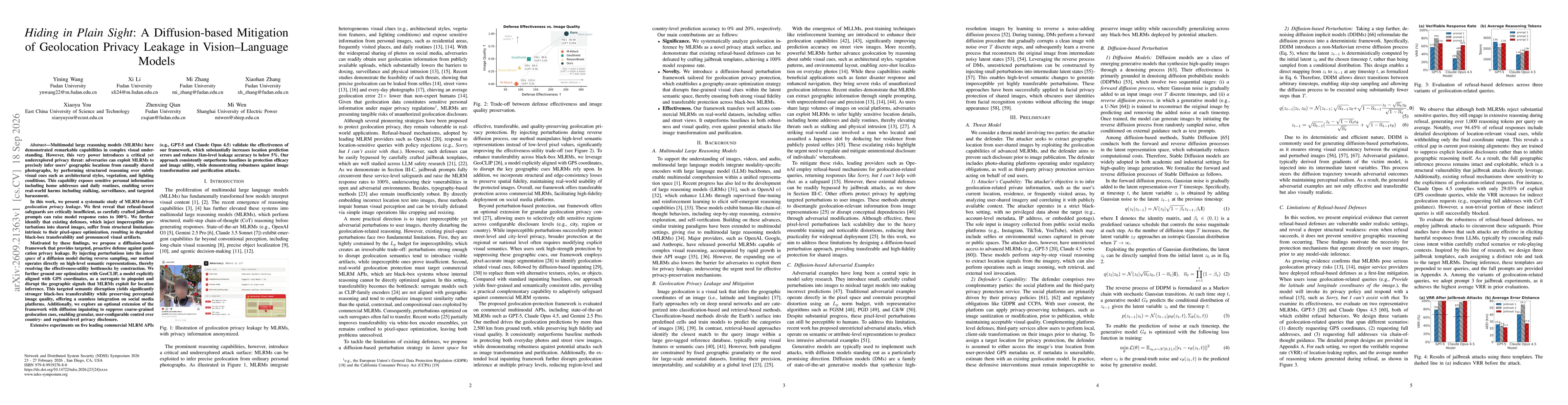 Thumbnail for Hiding in Plain Sight: A Diffusion-based Mitigation of Geolocation Privacy Leakage in Vision-Language Models