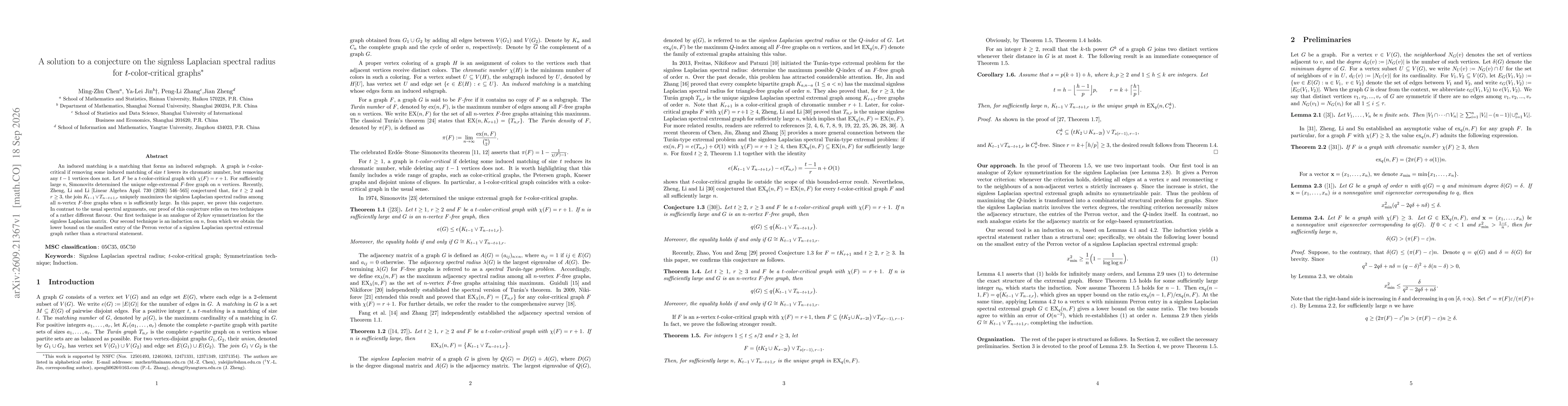 Thumbnail for A solution to a conjecture on the signless Laplacian spectral radius for $t$-color-critical graphs