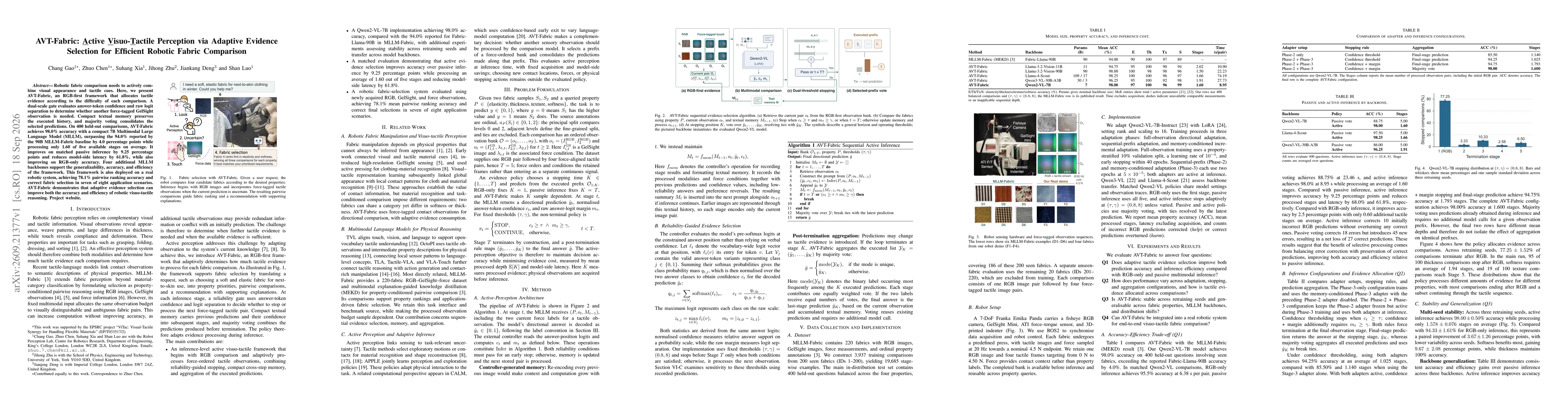 Thumbnail for AVT-Fabric: Active Visuo-Tactile Perception via Adaptive Evidence Selection for Efficient Robotic Fabric Comparison