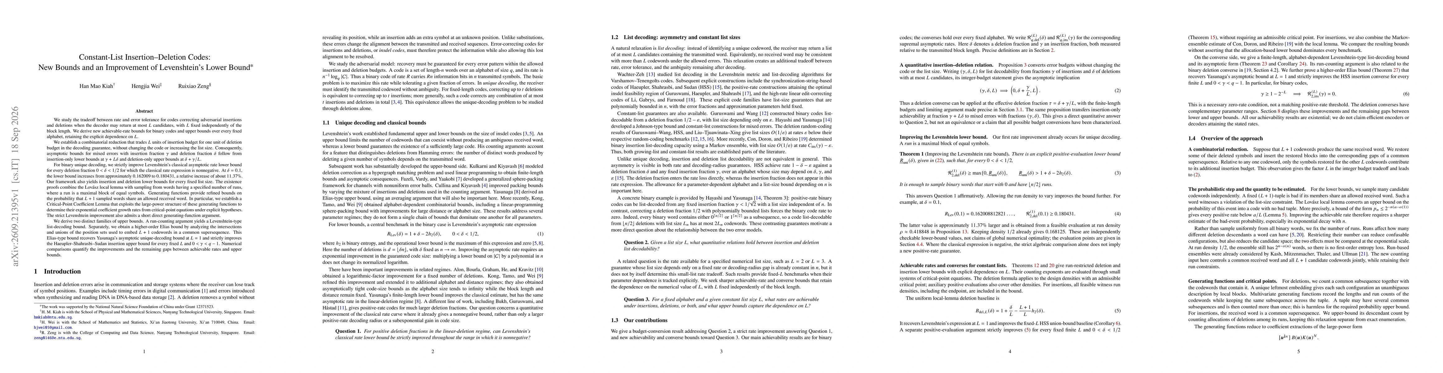 Thumbnail for Constant-List Insertion--Deletion Codes:New Bounds and an Improvement of Levenshtein's Lower Bound