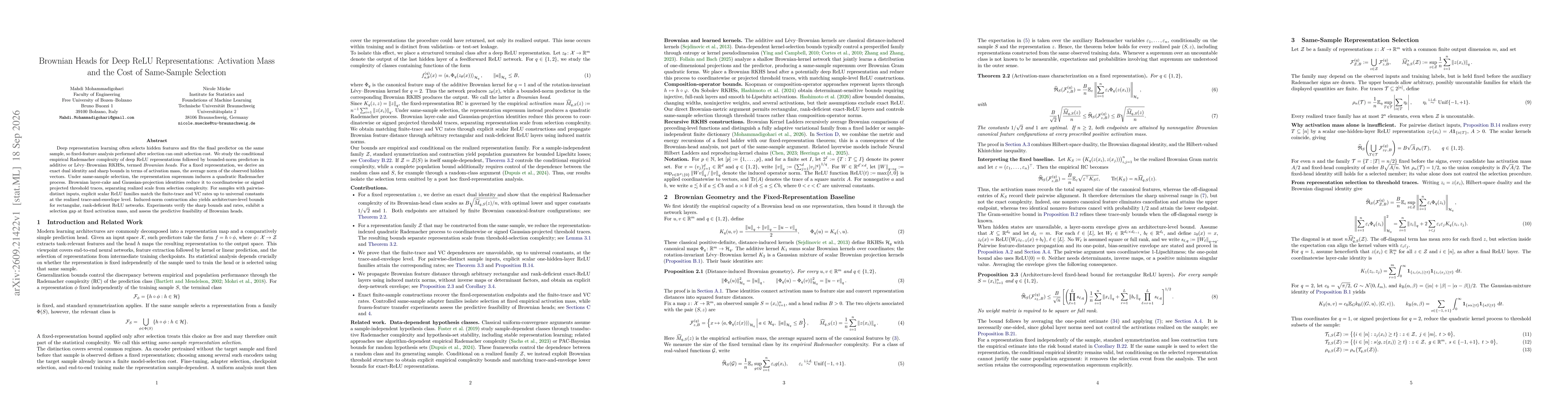 Thumbnail for Brownian Heads for Deep ReLU Representations: Activation Mass and the Cost of Same-Sample Selection