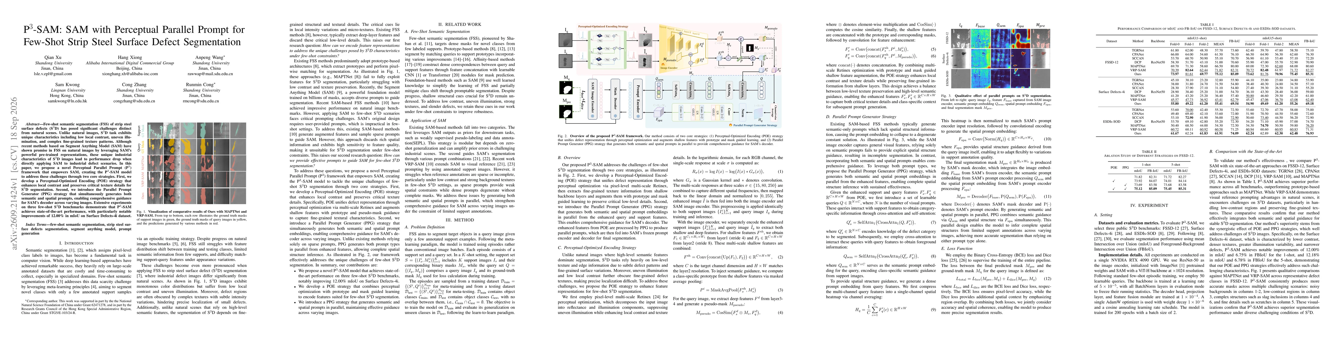 Thumbnail for P$^3$-SAM: SAM with Perceptual Parallel Prompt for Few-Shot Strip Steel Surface Defect Segmentation