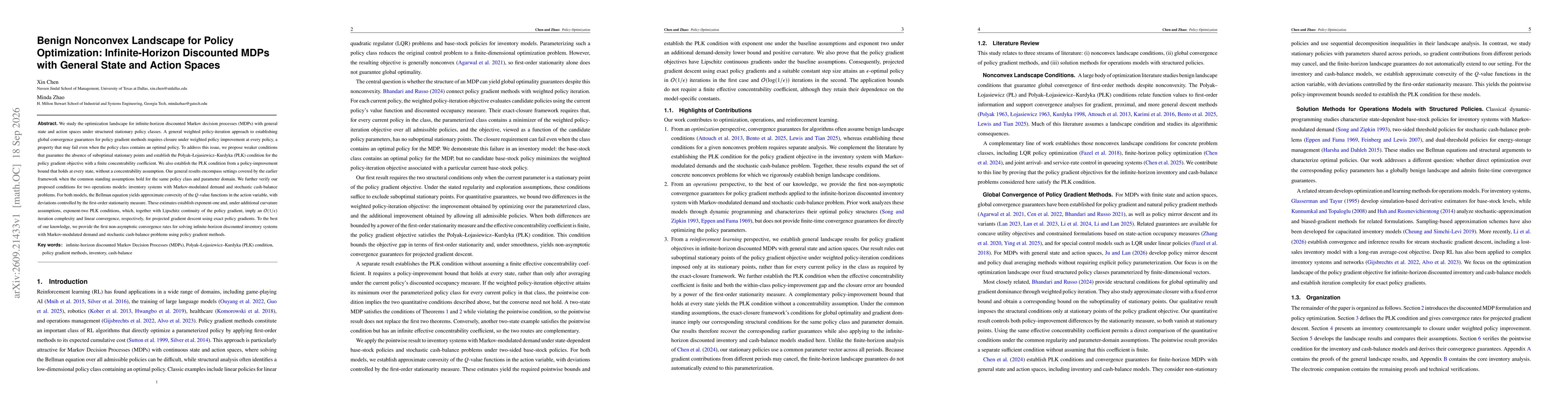 Thumbnail for Benign Nonconvex Landscape for Policy Optimization: Infinite-Horizon Discounted MDPs with General State and Action Spaces