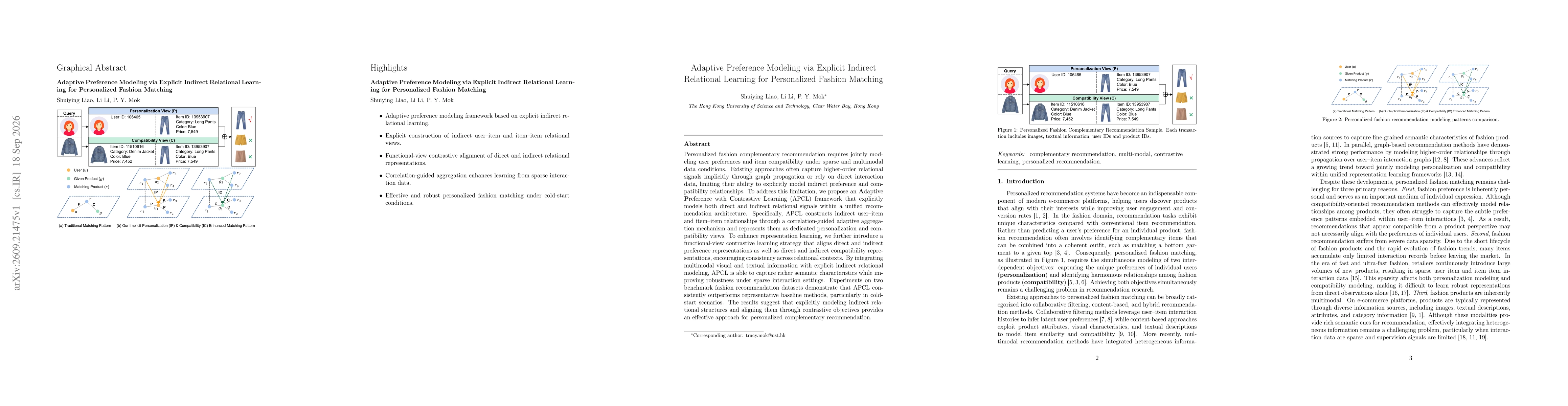 Thumbnail for Adaptive Preference Modeling via Explicit Indirect Relational Learning for Personalized Fashion Matching