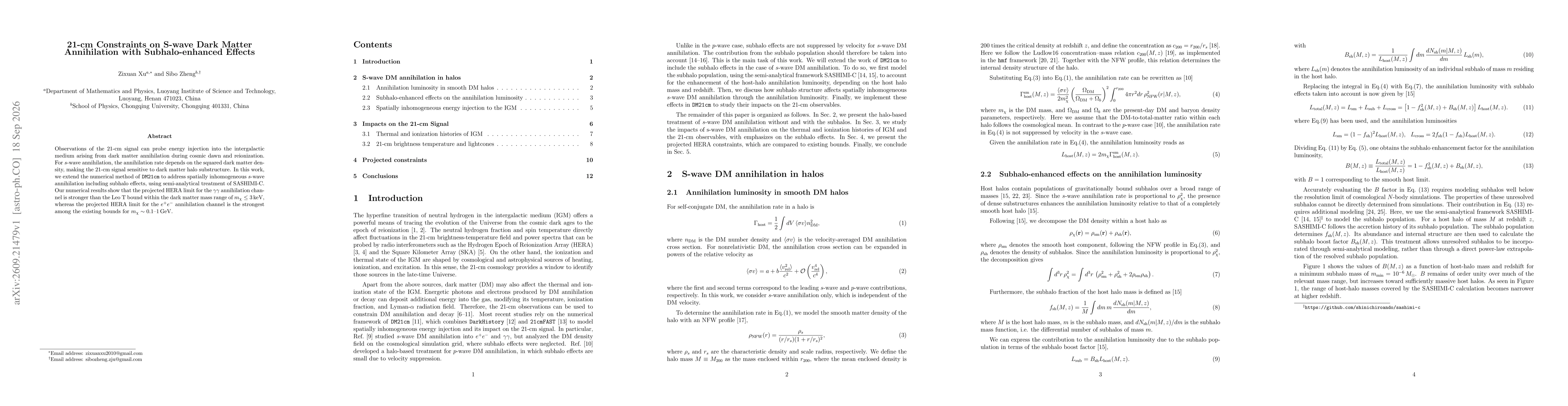 Thumbnail for 21-cm Constraints on S-wave Dark Matter Annihilation with Subhalo-enhanced Effects