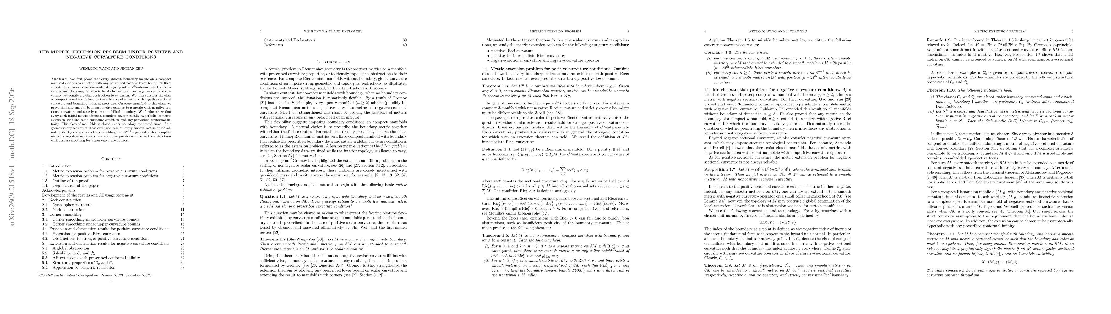 Thumbnail for The metric extension problem under positive and negative curvature conditions