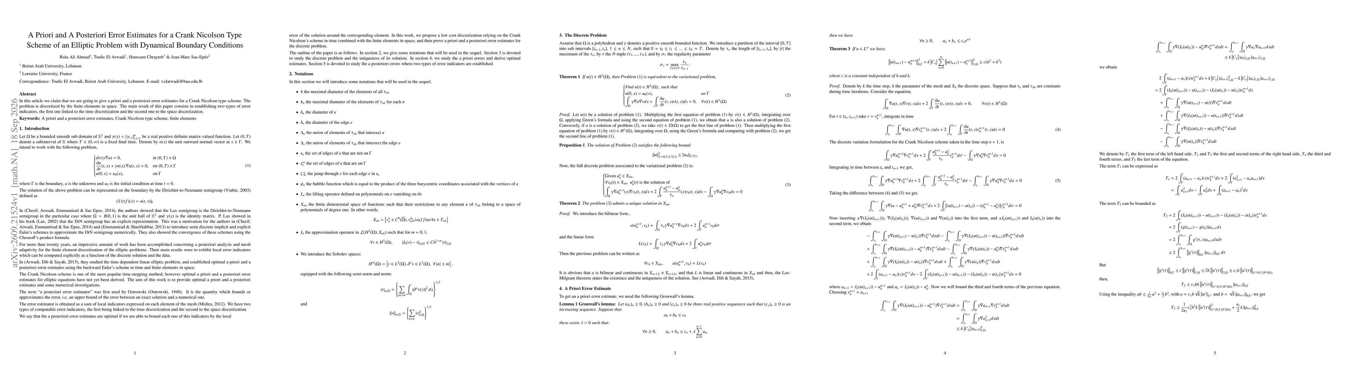 Thumbnail for A Priori and A Posteriori Error Estimates for a Crank Nicolson Type Scheme of an Elliptic Problem with Dynamical Boundary Conditions