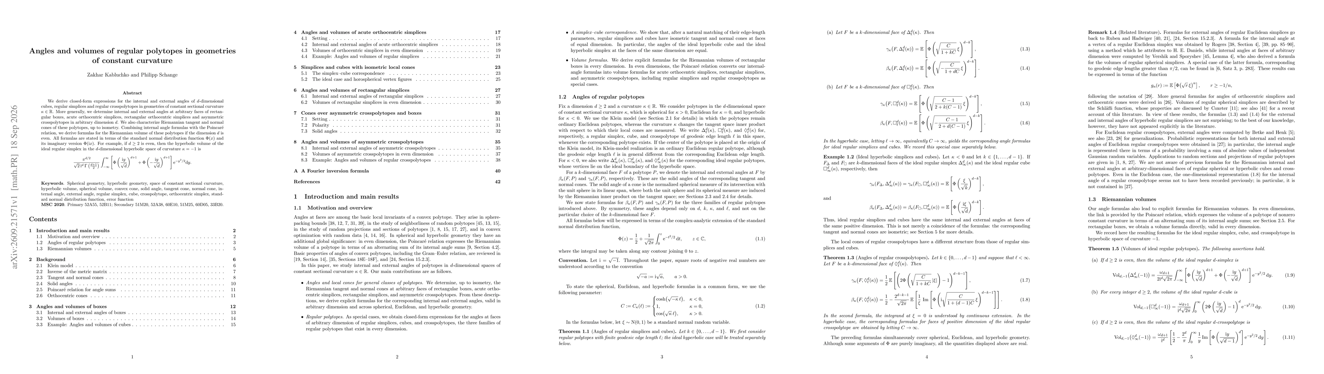 Thumbnail for Angles and volumes of regular polytopes in geometries of constant curvature