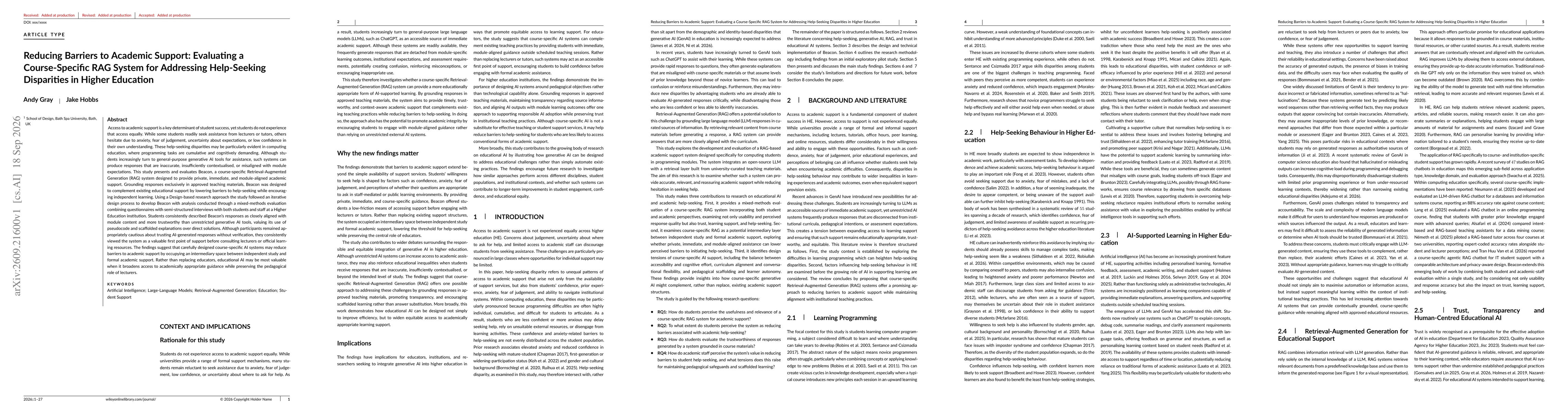Thumbnail for Reducing Barriers to Academic Support: Evaluating a Course-Specific RAG System for Addressing Help-Seeking Disparities in Higher Education