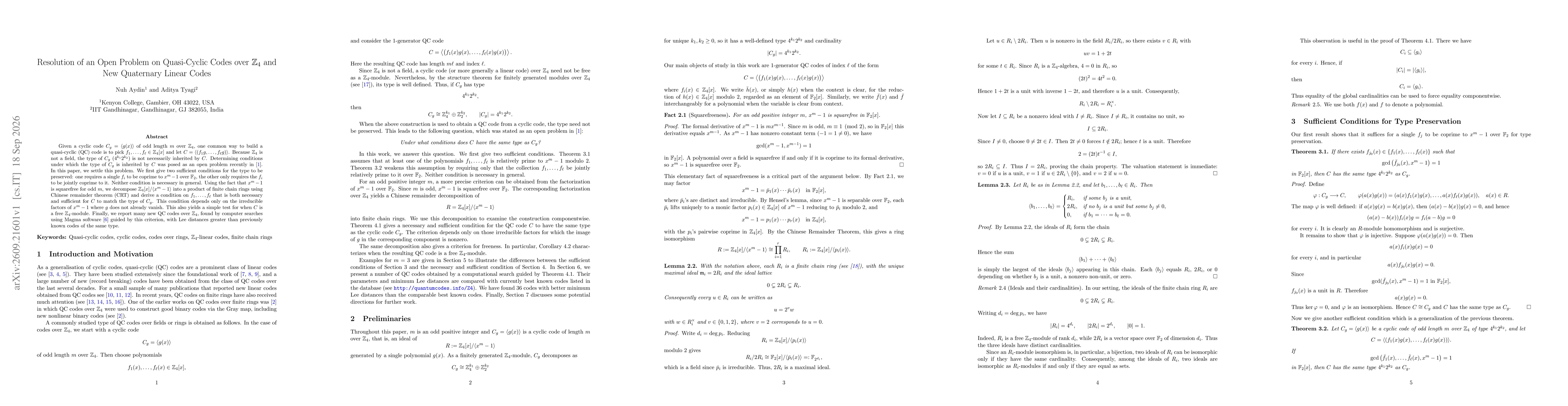 Thumbnail for Resolution of an Open Problem on Quasi-Cyclic Codes over $\mathbb{Z}_4$ and New Quaternary Linear Codes