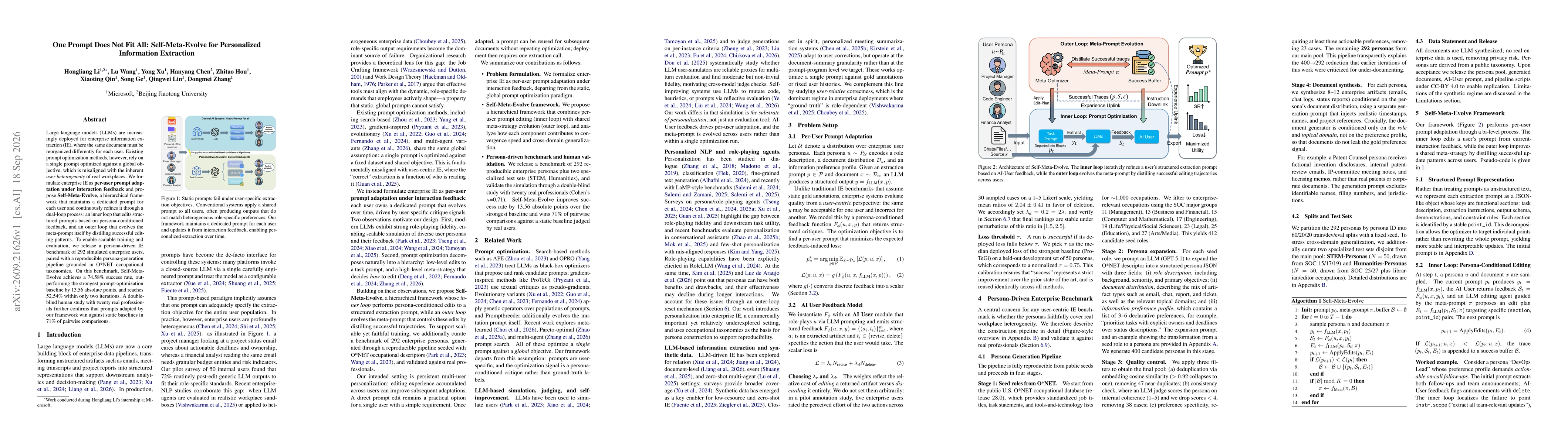 Thumbnail for One Prompt Does Not Fit All: Self-Meta-Evolve for Personalized Information Extraction