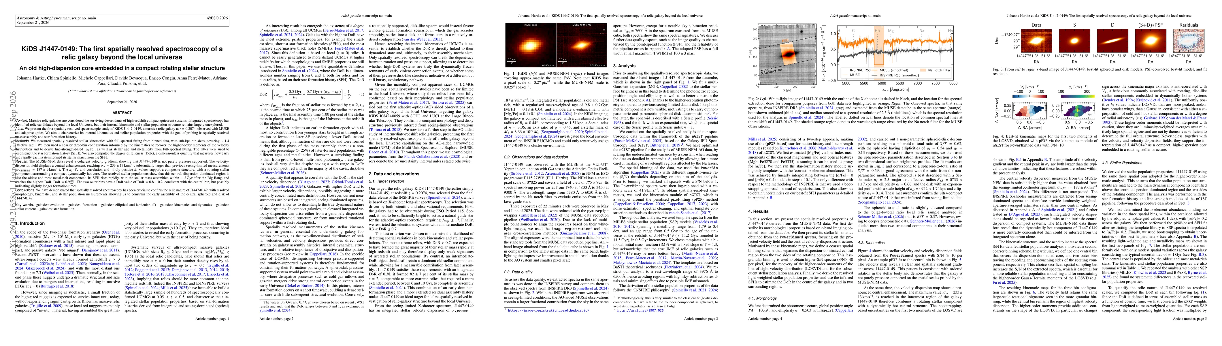 Thumbnail for KiDS J1447-0149: The first spatially resolved spectroscopy of a relic galaxy beyond the local universe. An old high-dispersion core embedded in a compact rotating stellar structure