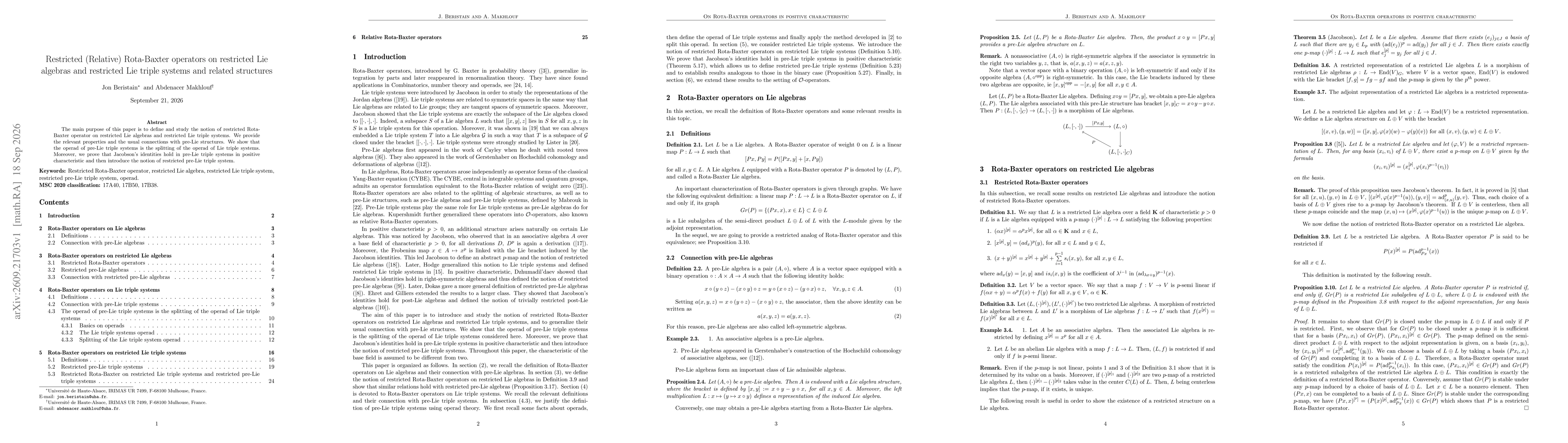 Thumbnail for Restricted (Relative) Rota-Baxter operators on restricted Lie algebras and restricted Lie triple systems and related structures