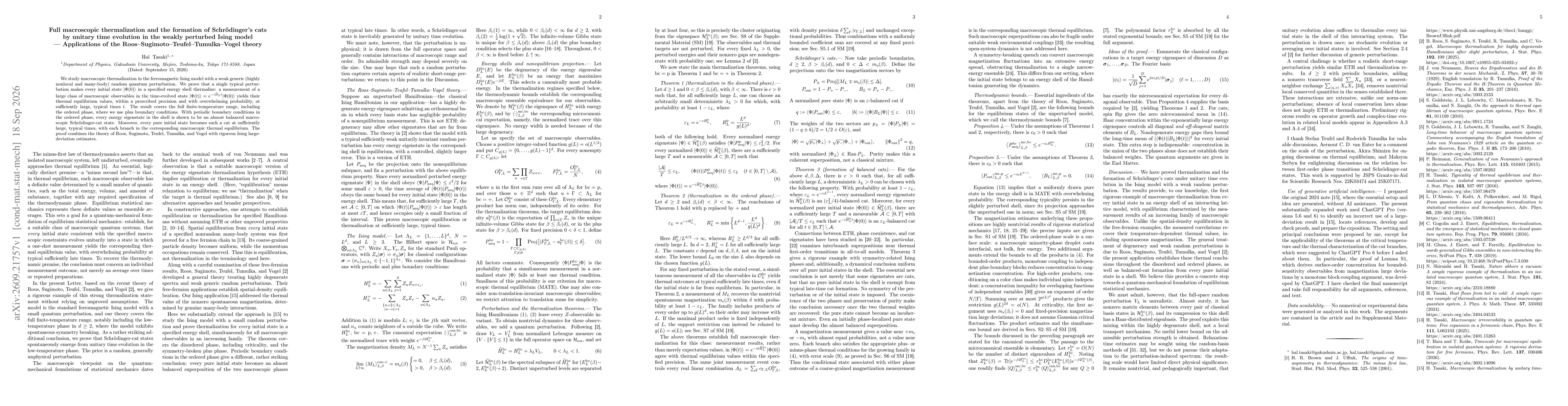 Thumbnail for Full macroscopic thermalization and the formation of Schrödinger's cats by unitary time evolution in the weakly perturbed Ising model - Applications of the Roos-Sugimoto-Teufel-Tumulka-Vogel theory
