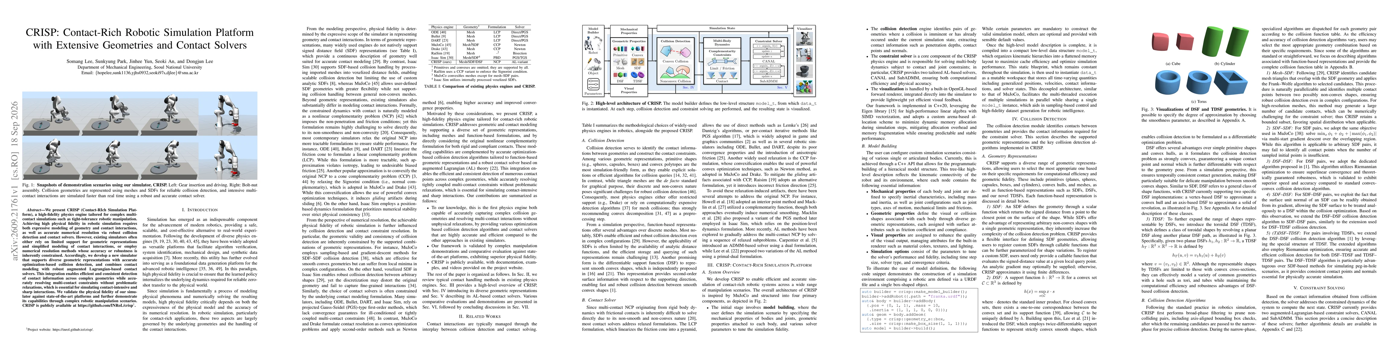 Thumbnail for CRISP: Contact-Rich Robotic Simulation Platform with Extensive Geometries and Contact Solvers