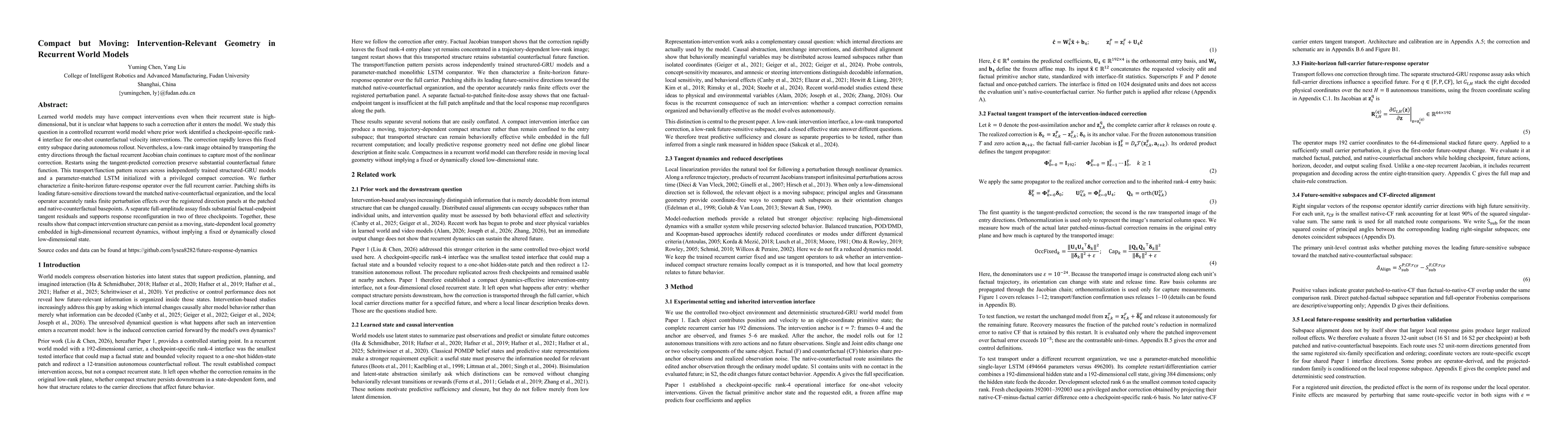 Thumbnail for Compact but Moving: Intervention-Relevant Geometry in Recurrent World Models