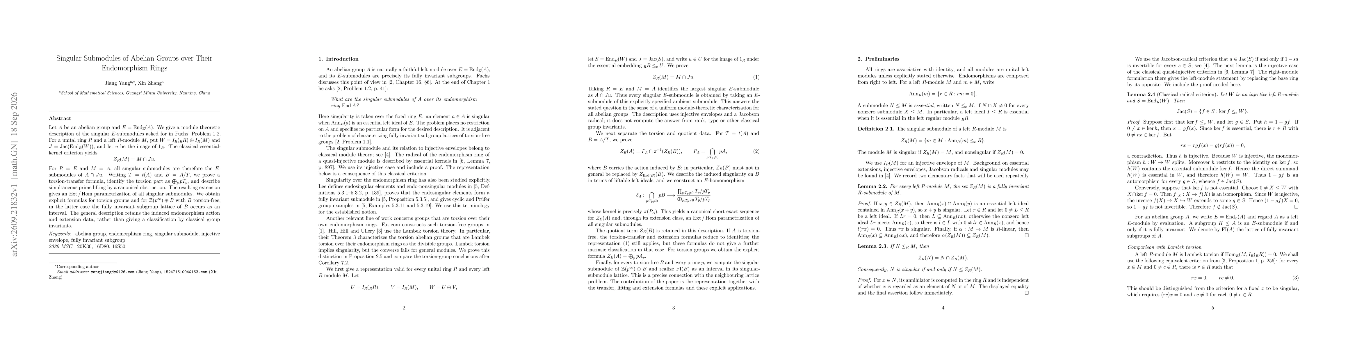 Thumbnail for Singular Submodules of Abelian Groups over Their Endomorphism Rings