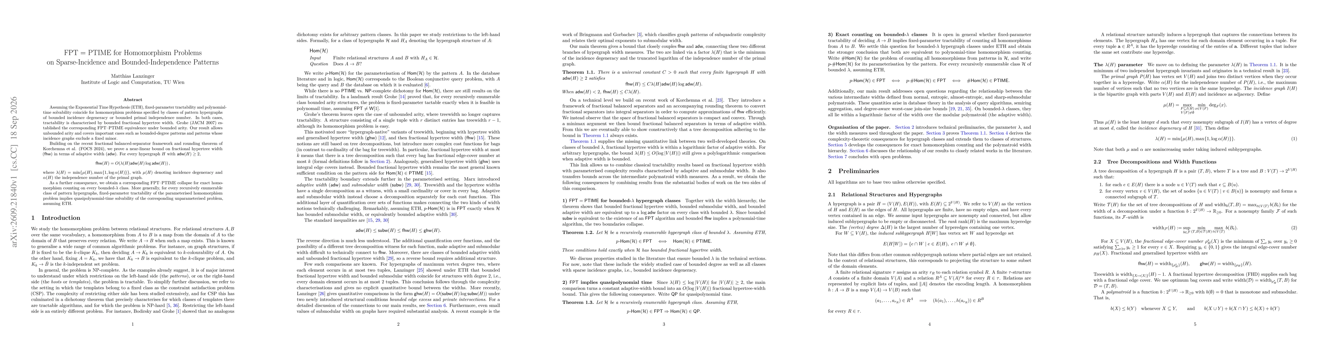 Thumbnail for FPT=PTIME for Homomorphism Problems on Sparse-Incidence and Bounded-Independence Patterns
