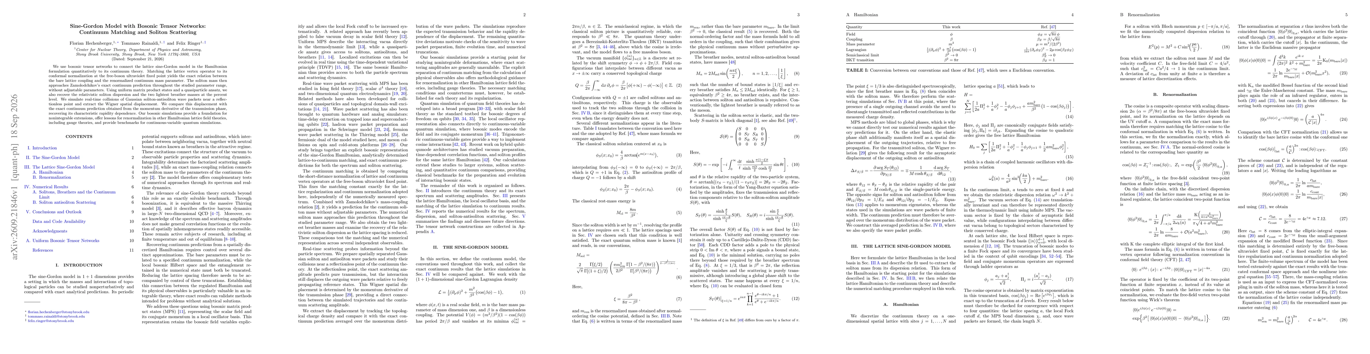 Thumbnail for Sine-Gordon Model with Bosonic Tensor Networks: Continuum Matching and Soliton Scattering