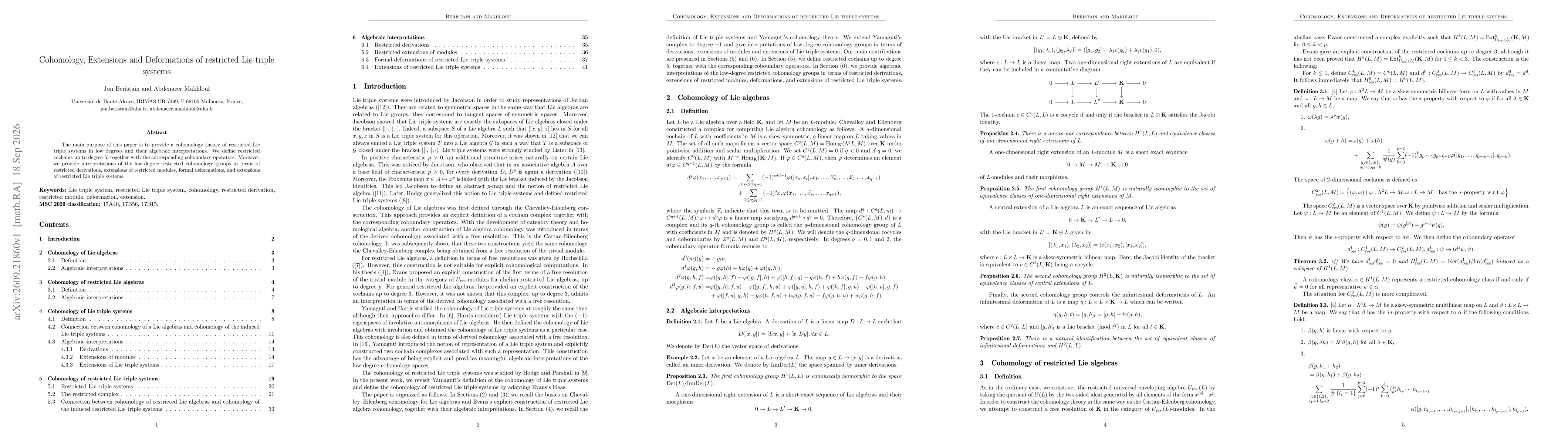 Thumbnail for Cohomology, Extensions and Deformations of restricted Lie triple systems