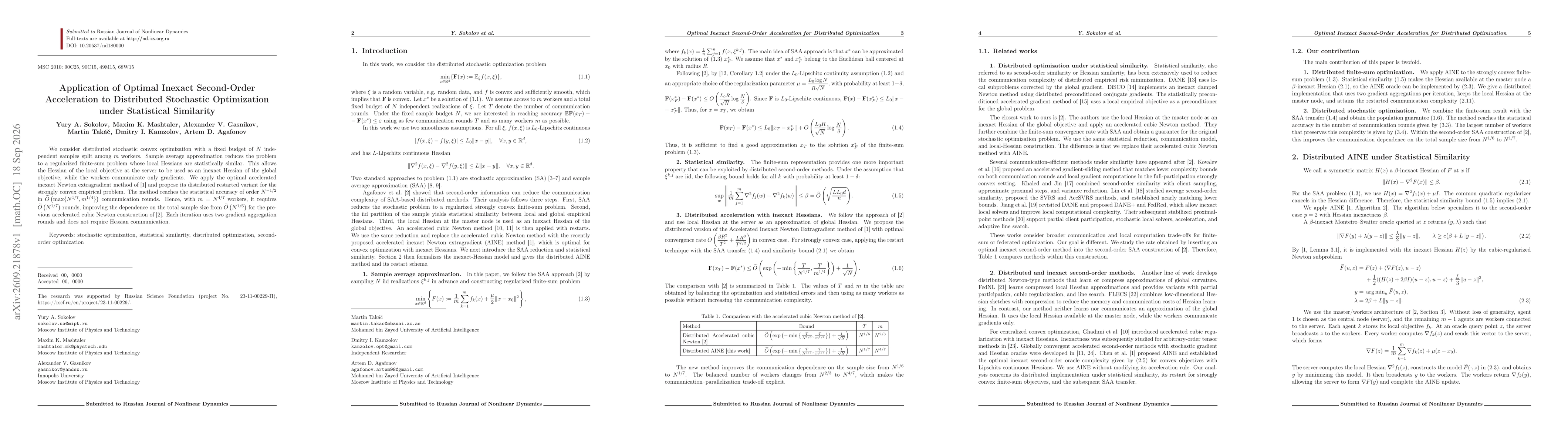 Thumbnail for Application of Optimal Inexact Second-Order Acceleration to Distributed Stochastic Optimization under Statistical Similarity