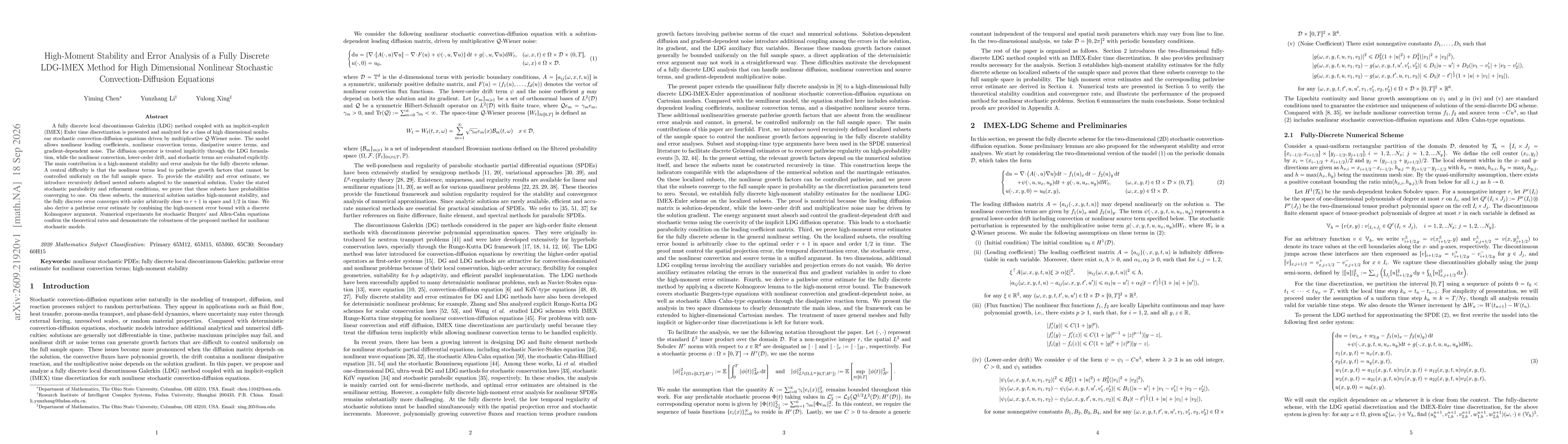 Thumbnail for High-Moment Stability and Error Analysis of a Fully Discrete LDG-IMEX Method for High Dimensional Nonlinear Stochastic Convection-Diffusion Equations