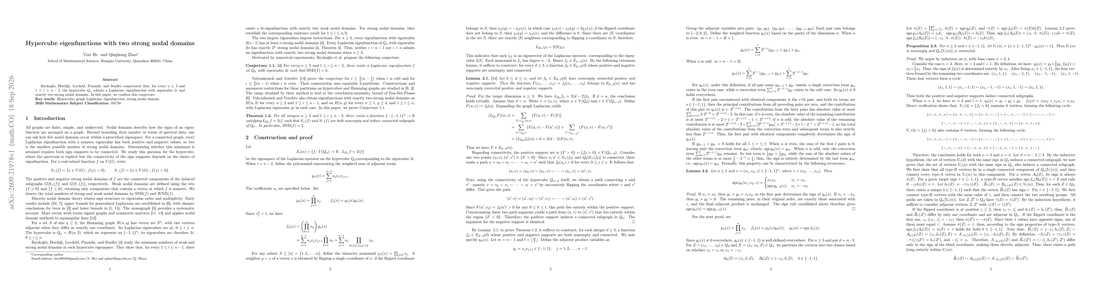 Thumbnail for Hypercube eigenfunctions with two strong nodal domains