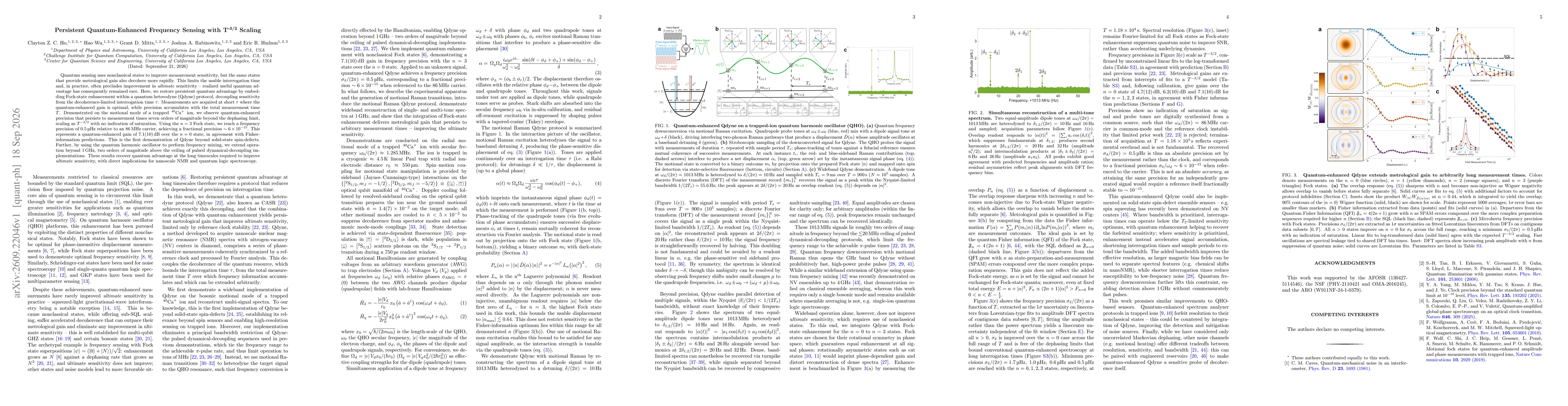 Thumbnail for Persistent Quantum-Enhanced Frequency Sensing with T^{-3/2} Scaling
