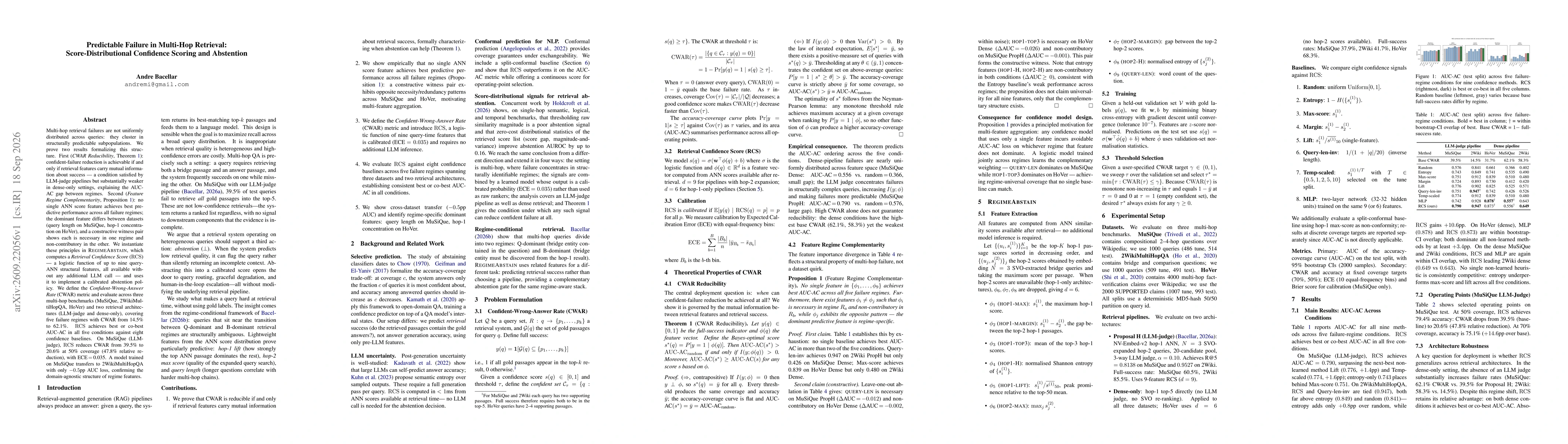 Thumbnail for Predictable Failure in Multi-Hop Retrieval: Score-Distributional Confidence Scoring and Abstention
