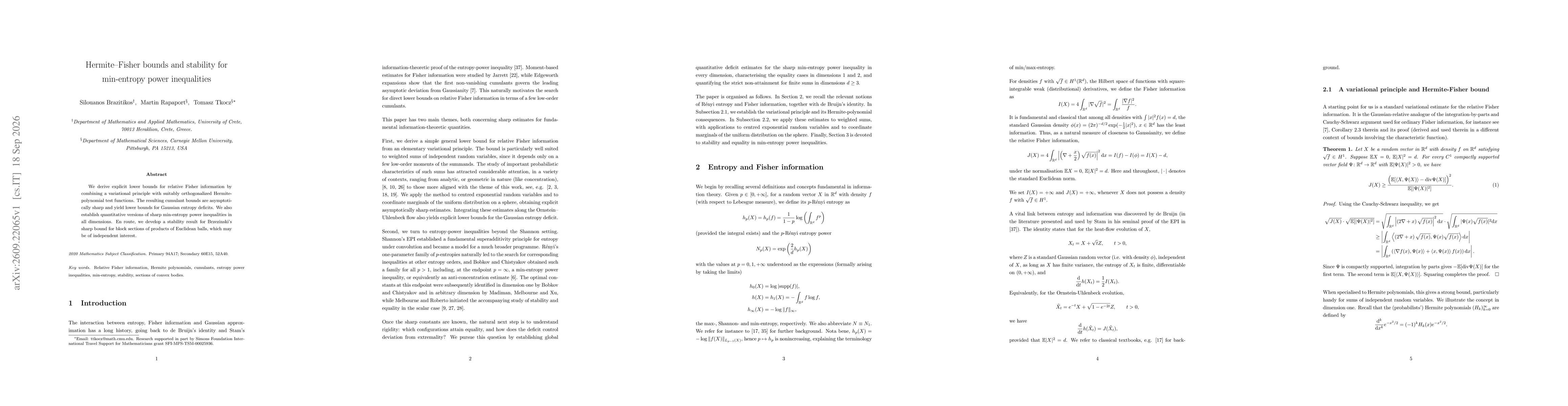 Thumbnail for Hermite-Fisher bounds and stability for min-entropy power inequalities