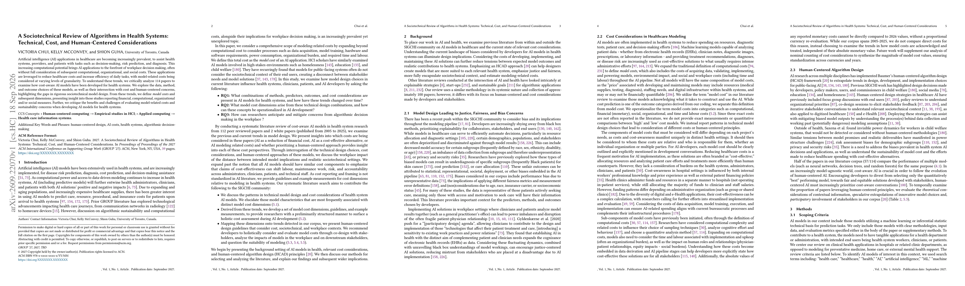 Thumbnail for A Sociotechnical Review of Algorithms in Health Systems: Technical, Cost, and Human-Centered Considerations