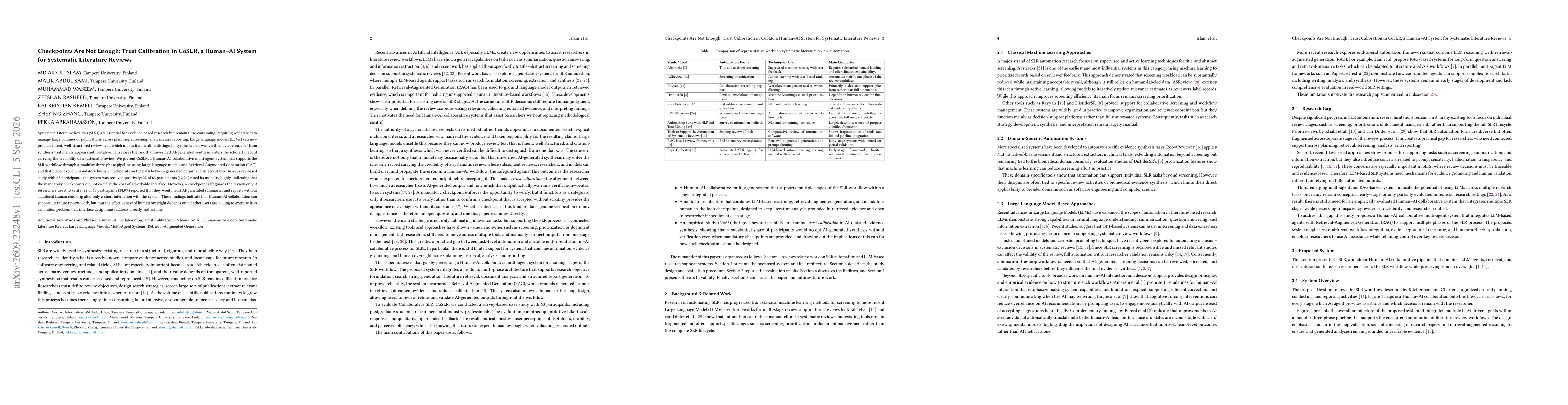 Thumbnail for Checkpoints Are Not Enough: Trust Calibration in CoSLR, a Human-AI System for Systematic Literature Reviews