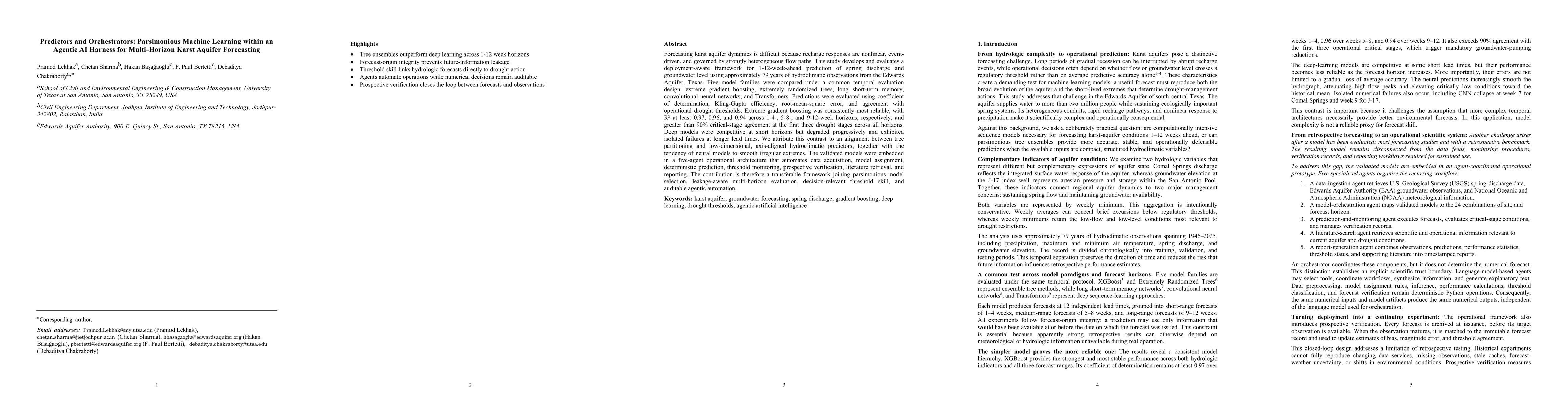 Thumbnail for Predictors and Orchestrators: Parsimonious Machine Learning within an Agentic AI Harness for Multi-Horizon Karst Aquifer Forecasting