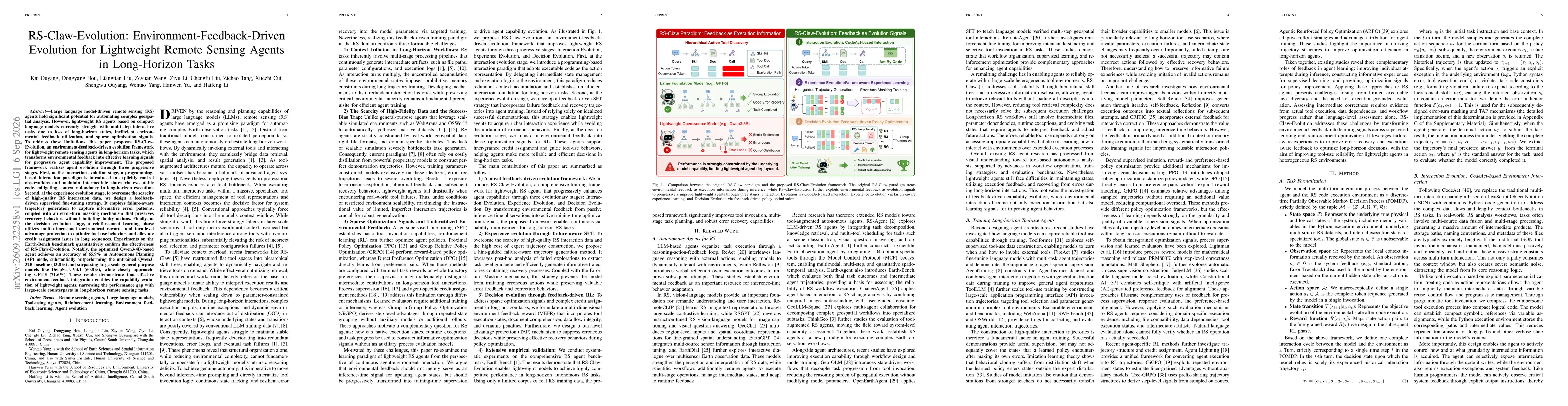 Thumbnail for RS-Claw-Evolution: Environment-Feedback-Driven Evolution for Lightweight Remote Sensing Agents in Long-Horizon Tasks