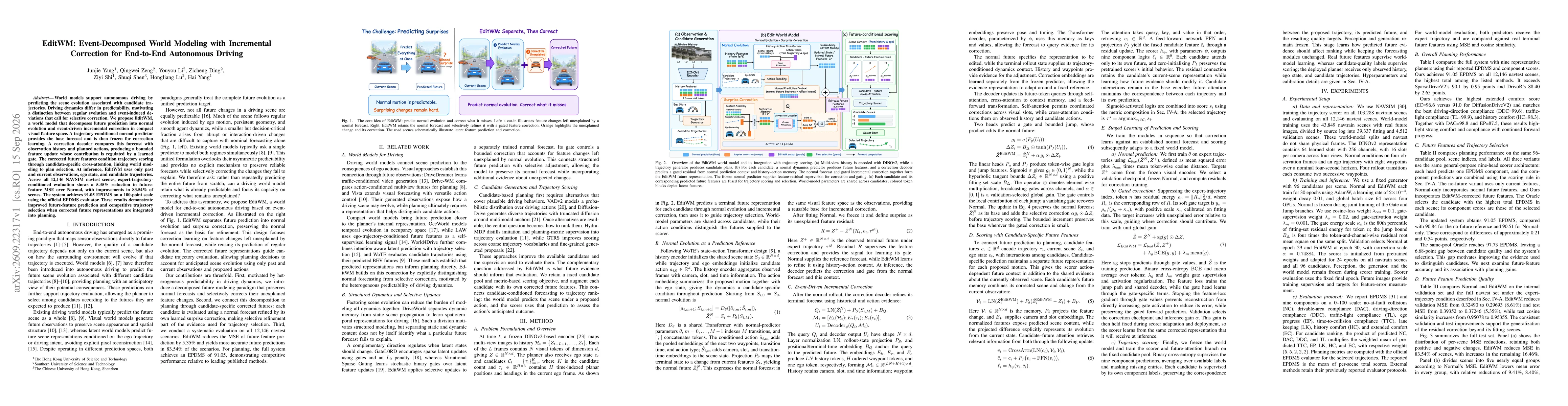 Thumbnail for EditWM: Event-Decomposed World Modeling with Incremental Correction for End-to-End Autonomous Driving
