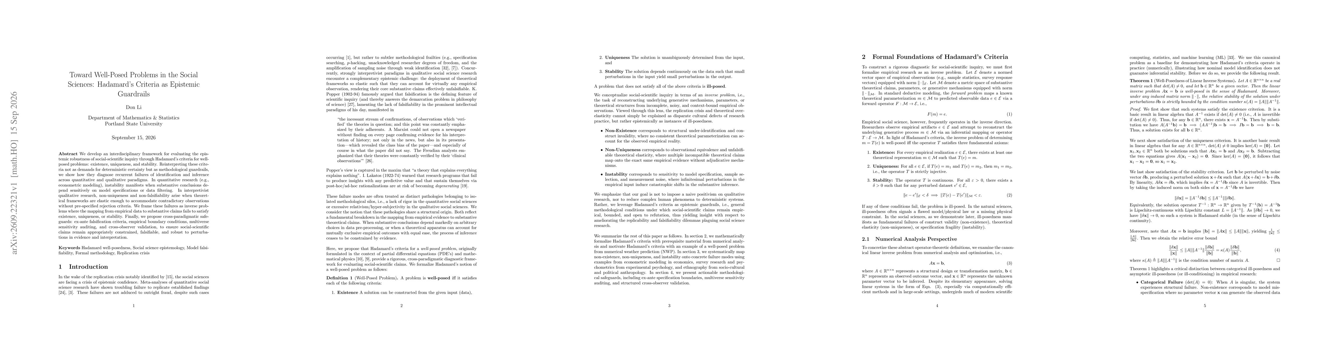 Thumbnail for Toward Well-Posed Problems in the Social Sciences: Hadamard's Criteria as Epistemic Guardrails