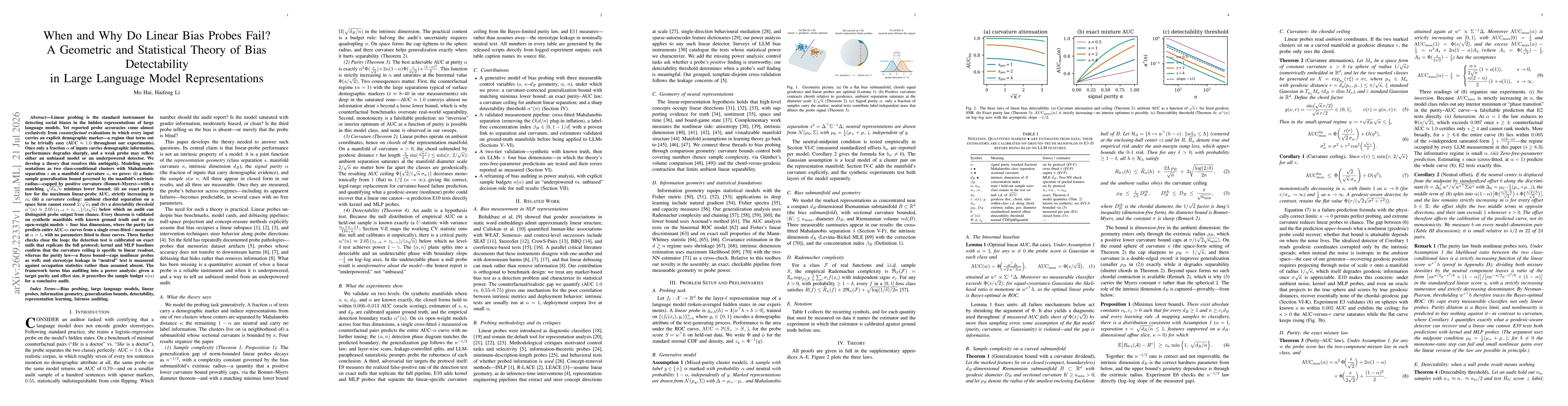 Thumbnail for When and Why Do Linear Bias Probes Fail? A Geometric and Statistical Theory of Bias Detectability in Large Language Model Representations