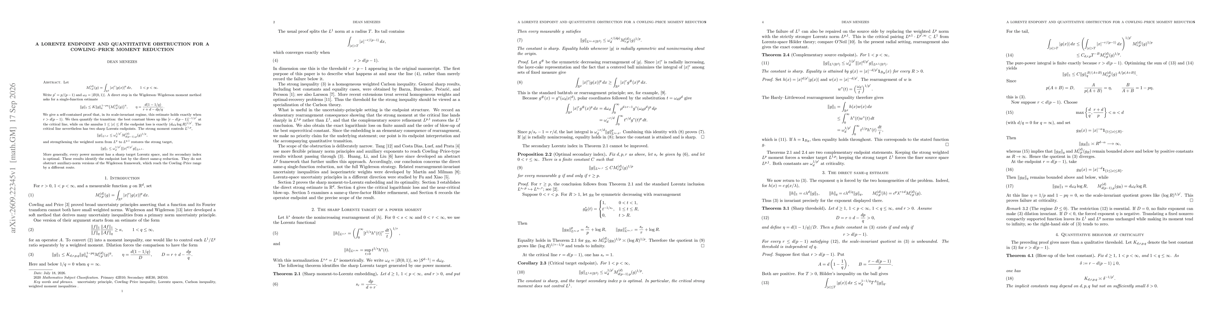 Thumbnail for A Lorentz Endpoint and Quantitative Obstruction for a Cowling-Price Moment Reduction